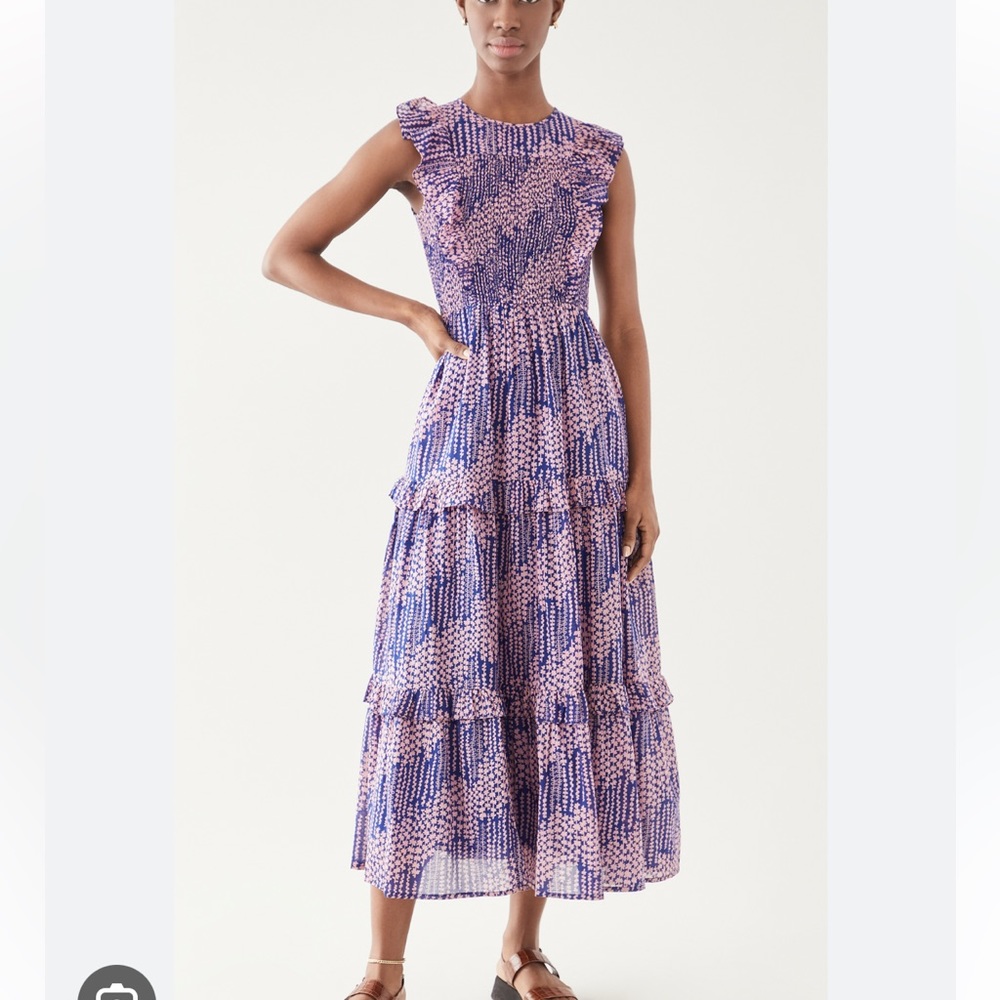 Banjanan Iris Ruffled Midi Dress in BluePrint Blue and Pink. Size XS.